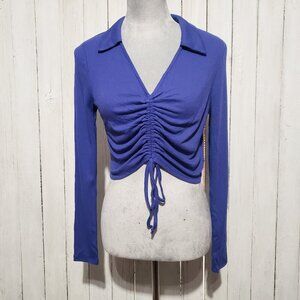 NEW Francesca's L Love & Piece Top Purple Blue Ruched Tie Front Long Sleeve Crop